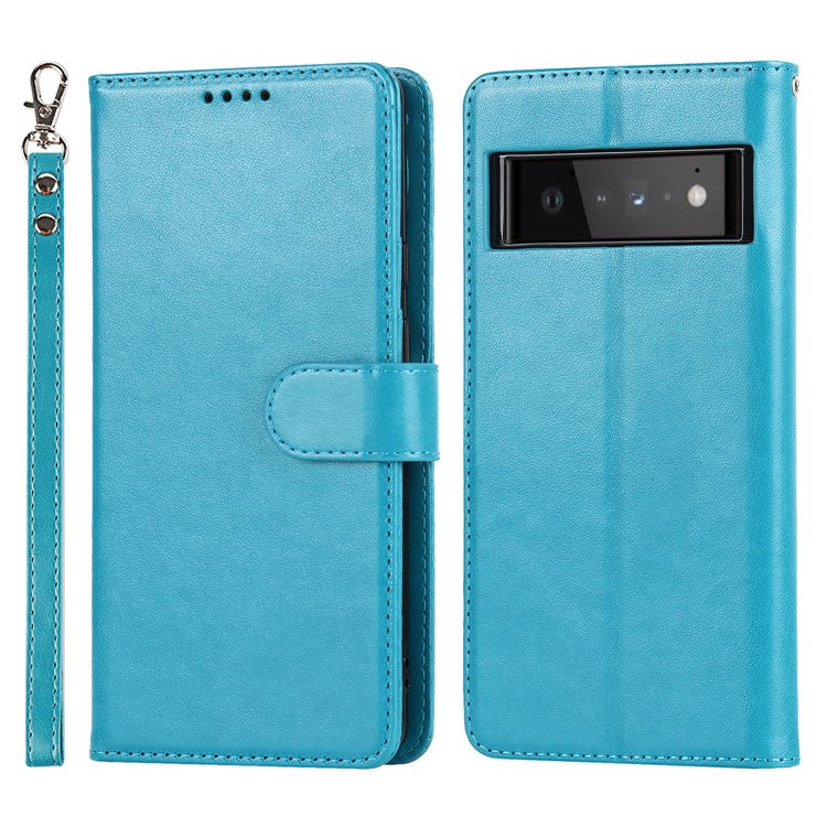 R61 Texture Felled Seam PU Leather Cover Wallet Phone Case Shell with Foldable Stand for Google Pixel 6 Pro - Blue