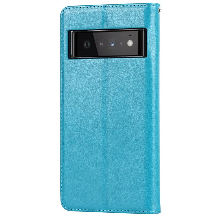 R61 Texture Felled Seam PU Leather Cover Wallet Phone Case Shell with Foldable Stand for Google Pixel 6 Pro - Blue