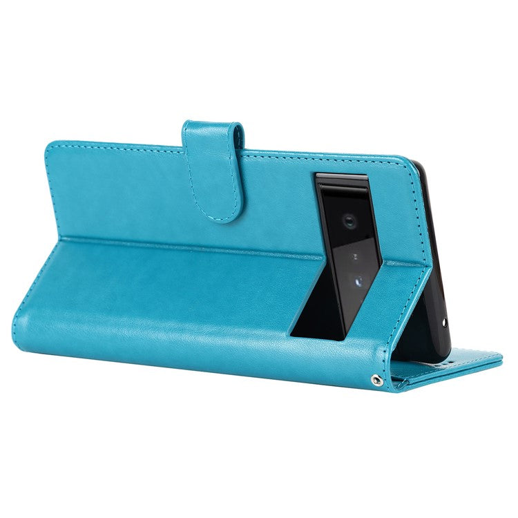 R61 Texture Felled Seam PU Leather Cover Wallet Phone Case Shell with Foldable Stand for Google Pixel 6 Pro - Blue