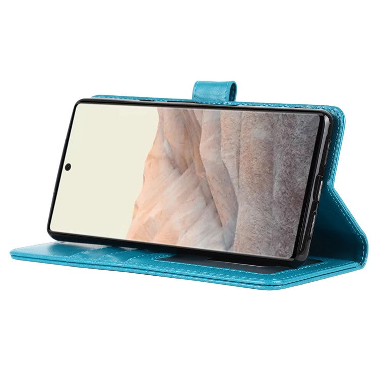 R61 Texture Felled Seam PU Leather Cover Wallet Phone Case Shell with Foldable Stand for Google Pixel 6 Pro - Blue