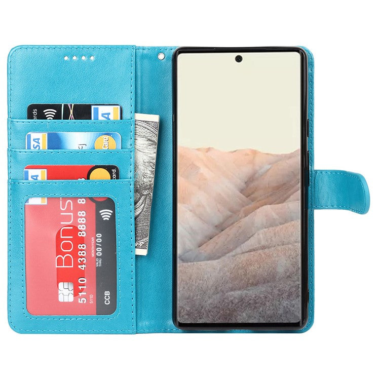 R61 Texture Felled Seam PU Leather Cover Wallet Phone Case Shell with Foldable Stand for Google Pixel 6 Pro - Blue