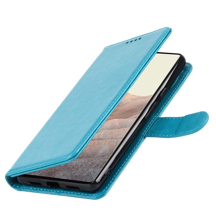 R61 Texture Felled Seam PU Leather Cover Wallet Phone Case Shell with Foldable Stand for Google Pixel 6 Pro - Blue