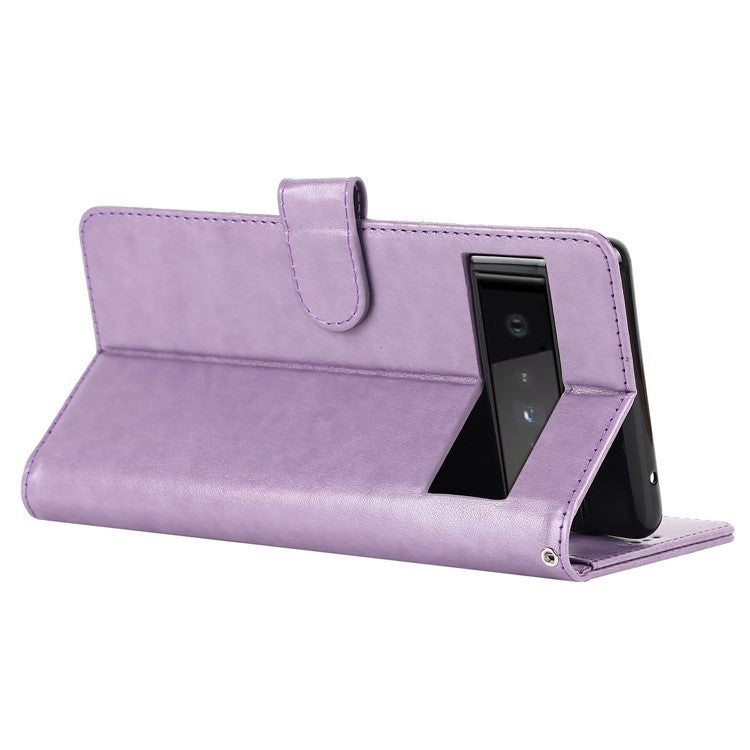 R61 Texture Felled Seam PU Leather Cover Wallet Phone Case Shell with Foldable Stand for Google Pixel 6 Pro - Purple