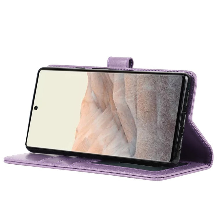 R61 Texture Felled Seam PU Leather Cover Wallet Phone Case Shell with Foldable Stand for Google Pixel 6 Pro - Purple