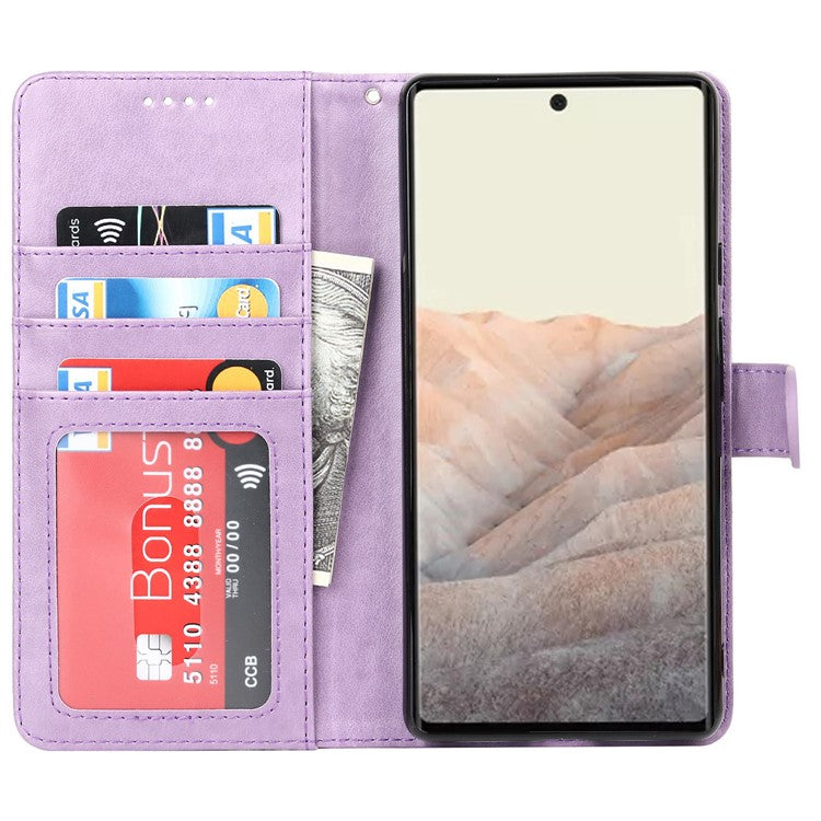 R61 Texture Felled Seam PU Leather Cover Wallet Phone Case Shell with Foldable Stand for Google Pixel 6 Pro - Purple