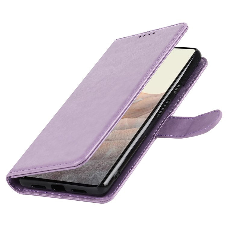 R61 Texture Felled Seam PU Leather Cover Wallet Phone Case Shell with Foldable Stand for Google Pixel 6 Pro - Purple