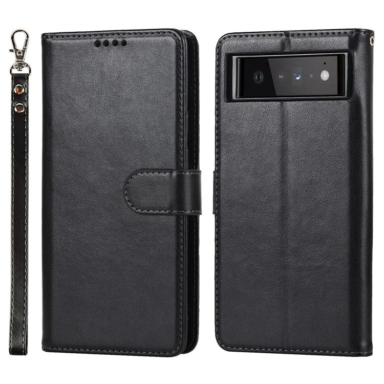 R61 Texture Felled Seam Shockproof Leather Case Wallet Stand Flip Phone Cover with Strap for Google Pixel 6 - Black