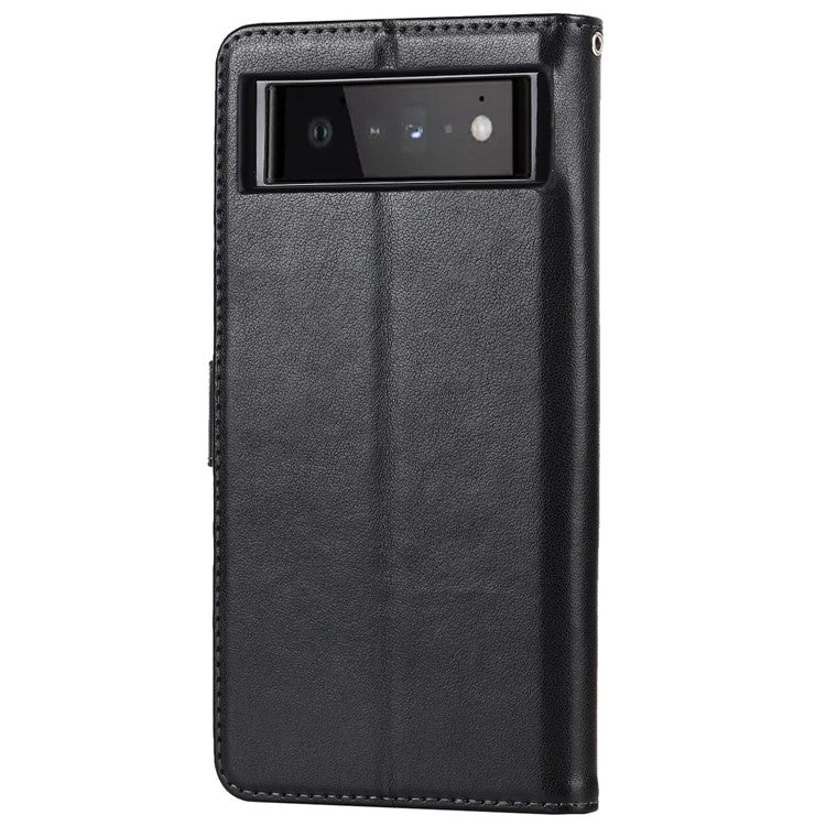 R61 Texture Felled Seam Shockproof Leather Case Wallet Stand Flip Phone Cover with Strap for Google Pixel 6 - Black