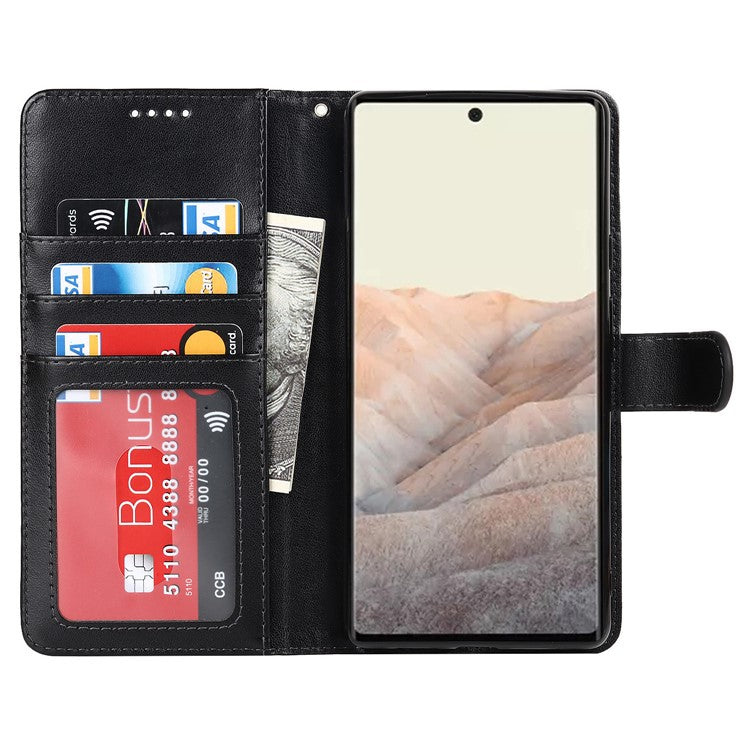 R61 Texture Felled Seam Shockproof Leather Case Wallet Stand Flip Phone Cover with Strap for Google Pixel 6 - Black