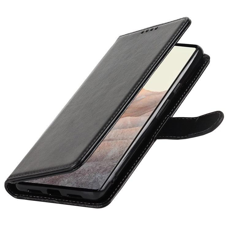 R61 Texture Felled Seam Shockproof Leather Case Wallet Stand Flip Phone Cover with Strap for Google Pixel 6 - Black