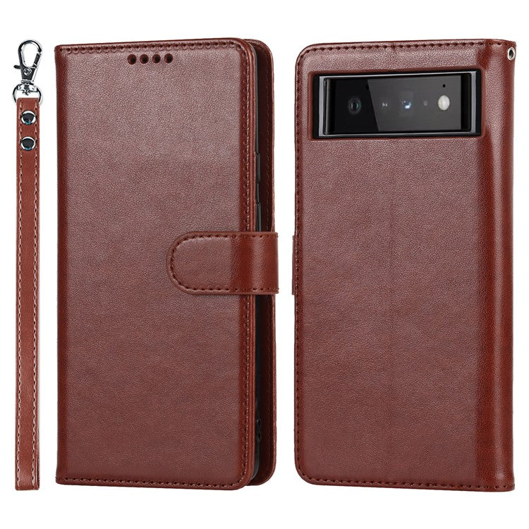 R61 Texture Felled Seam Shockproof Leather Case Wallet Stand Flip Phone Cover with Strap for Google Pixel 6 - Brown