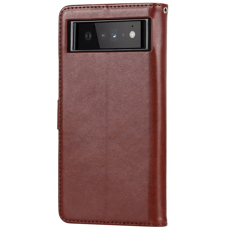 R61 Texture Felled Seam Shockproof Leather Case Wallet Stand Flip Phone Cover with Strap for Google Pixel 6 - Brown