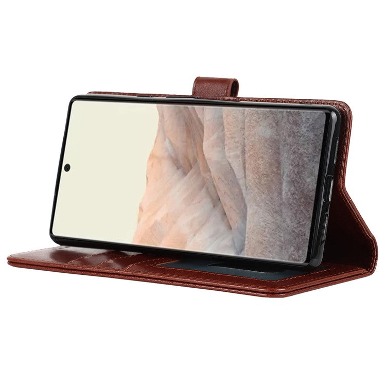 R61 Texture Felled Seam Shockproof Leather Case Wallet Stand Flip Phone Cover with Strap for Google Pixel 6 - Brown