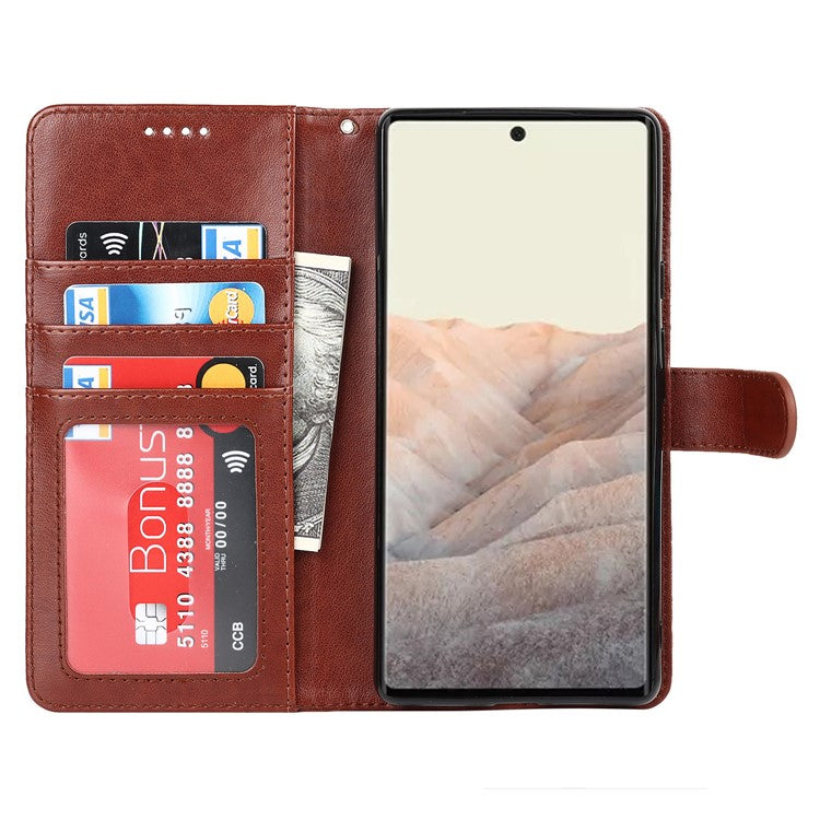 R61 Texture Felled Seam Shockproof Leather Case Wallet Stand Flip Phone Cover with Strap for Google Pixel 6 - Brown