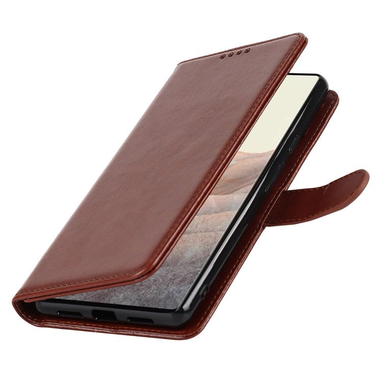 R61 Texture Felled Seam Shockproof Leather Case Wallet Stand Flip Phone Cover with Strap for Google Pixel 6 - Brown