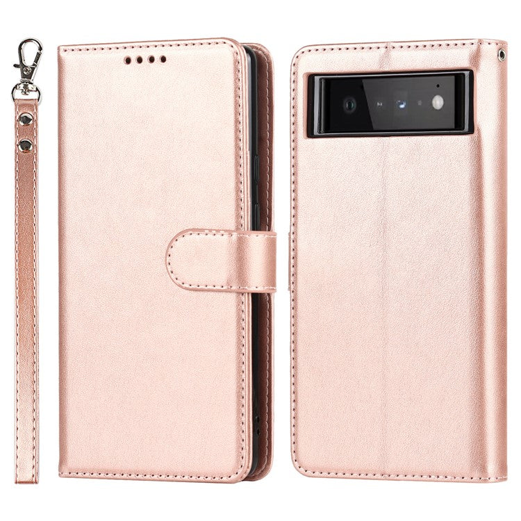 R61 Texture Felled Seam Shockproof Leather Case Wallet Stand Flip Phone Cover with Strap for Google Pixel 6 - Rose Gold