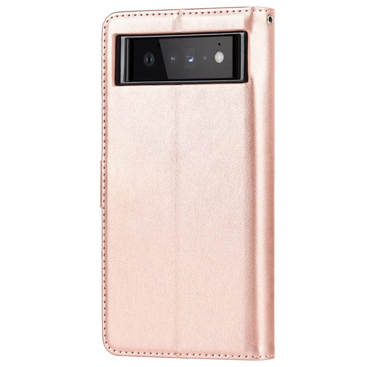 R61 Texture Felled Seam Shockproof Leather Case Wallet Stand Flip Phone Cover with Strap for Google Pixel 6 - Rose Gold