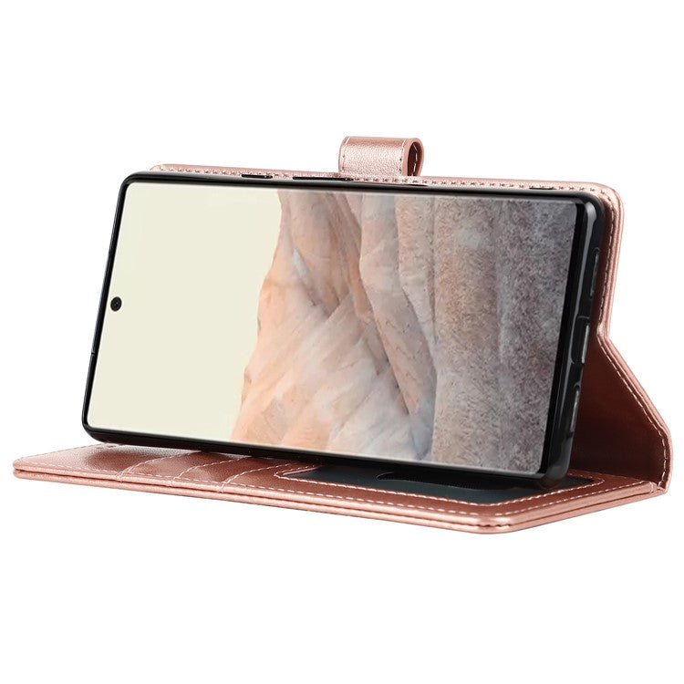 R61 Texture Felled Seam Shockproof Leather Case Wallet Stand Flip Phone Cover with Strap for Google Pixel 6 - Rose Gold