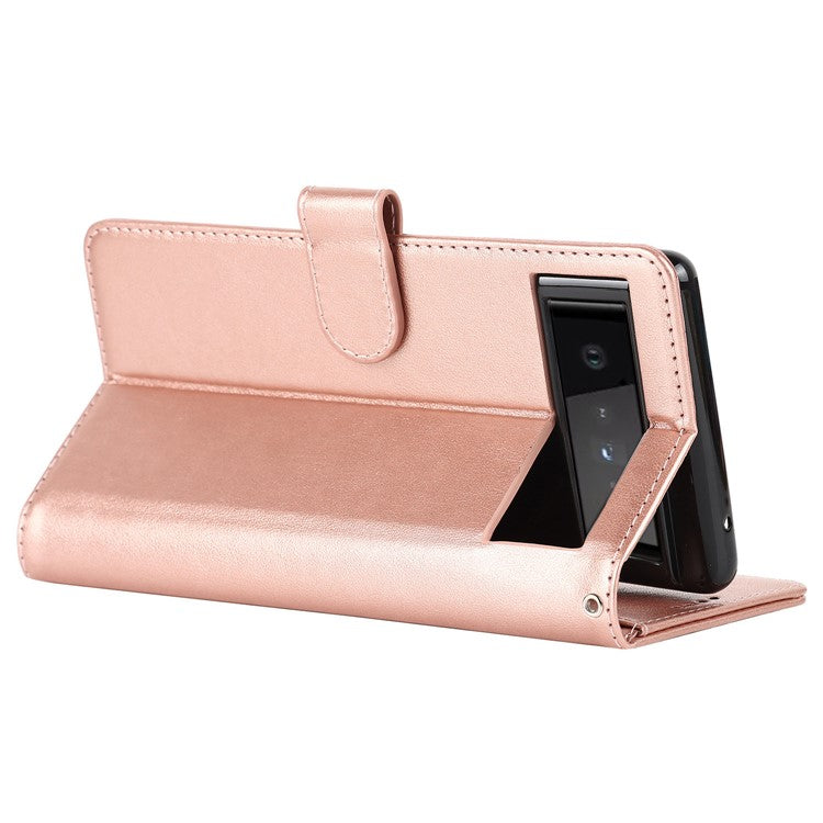 R61 Texture Felled Seam Shockproof Leather Case Wallet Stand Flip Phone Cover with Strap for Google Pixel 6 - Rose Gold