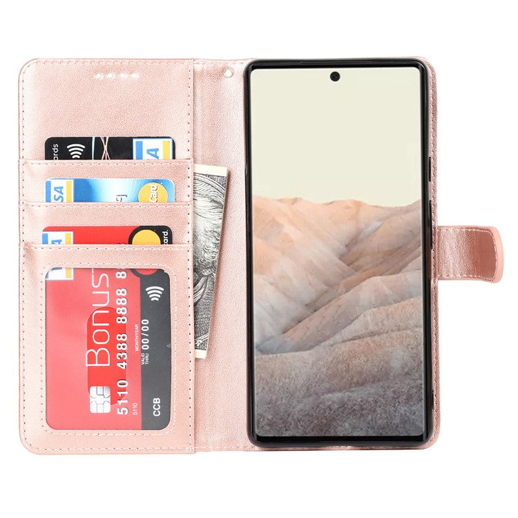 R61 Texture Felled Seam Shockproof Leather Case Wallet Stand Flip Phone Cover with Strap for Google Pixel 6 - Rose Gold