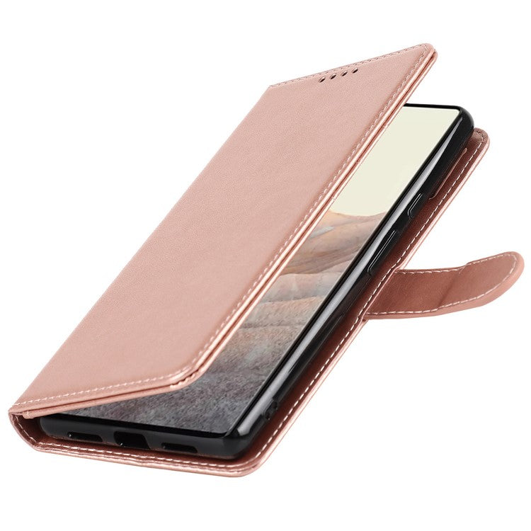 R61 Texture Felled Seam Shockproof Leather Case Wallet Stand Flip Phone Cover with Strap for Google Pixel 6 - Rose Gold