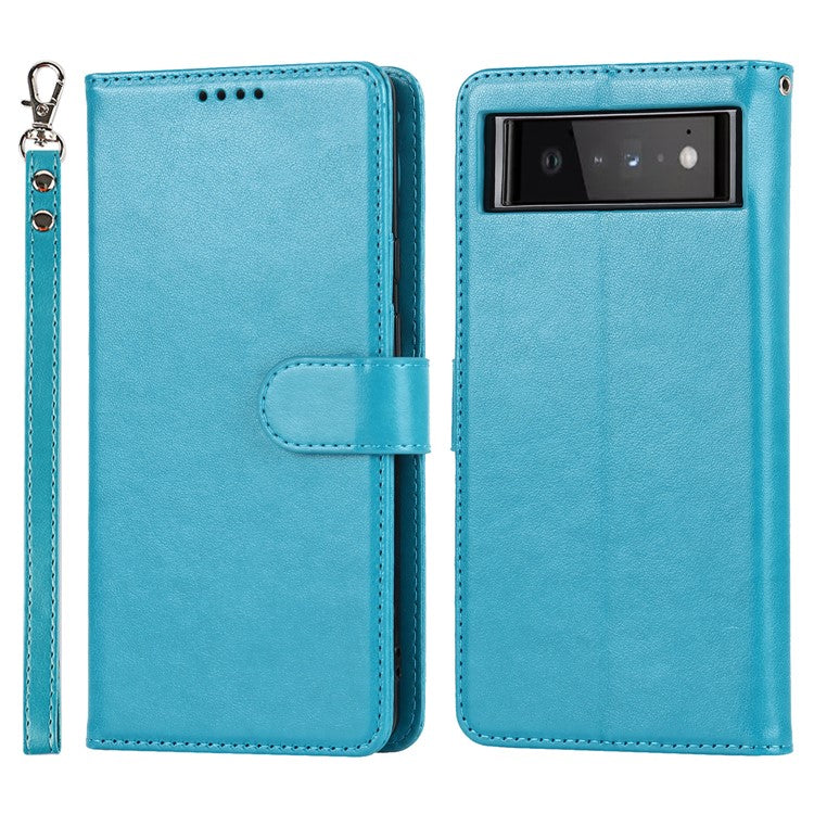 R61 Texture Felled Seam Shockproof Leather Case Wallet Stand Flip Phone Cover with Strap for Google Pixel 6 - Blue