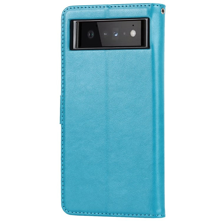 R61 Texture Felled Seam Shockproof Leather Case Wallet Stand Flip Phone Cover with Strap for Google Pixel 6 - Blue