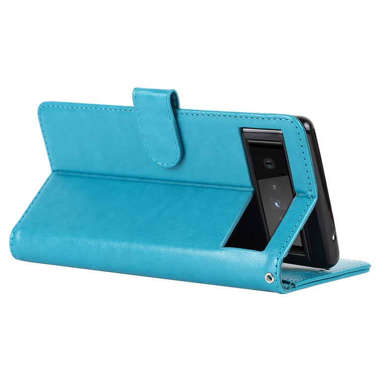 R61 Texture Felled Seam Shockproof Leather Case Wallet Stand Flip Phone Cover with Strap for Google Pixel 6 - Blue