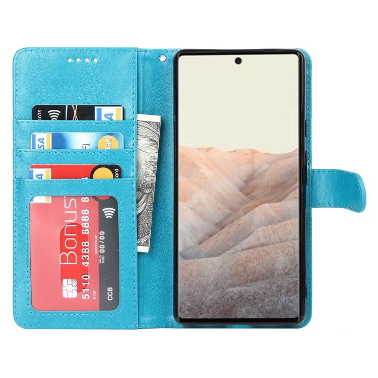 R61 Texture Felled Seam Shockproof Leather Case Wallet Stand Flip Phone Cover with Strap for Google Pixel 6 - Blue