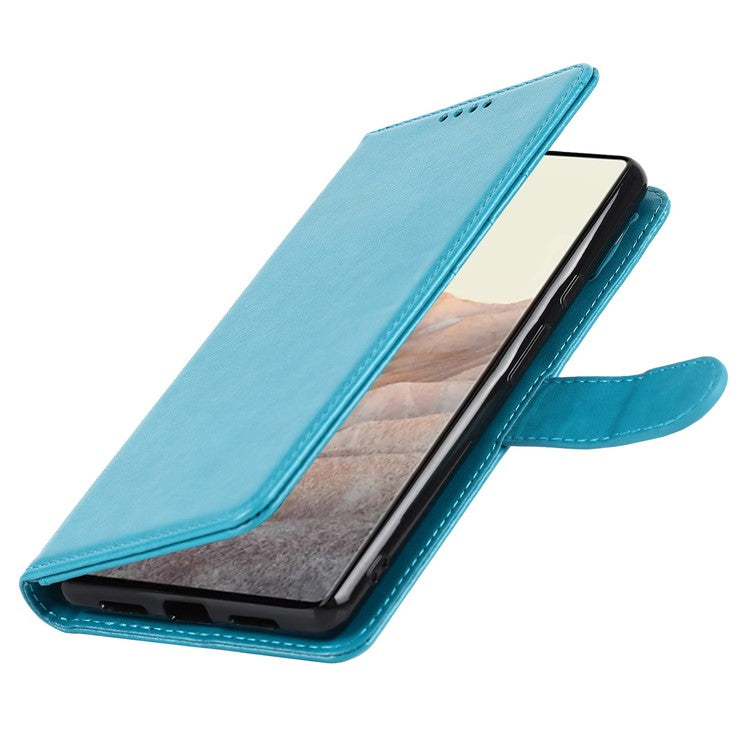 R61 Texture Felled Seam Shockproof Leather Case Wallet Stand Flip Phone Cover with Strap for Google Pixel 6 - Blue