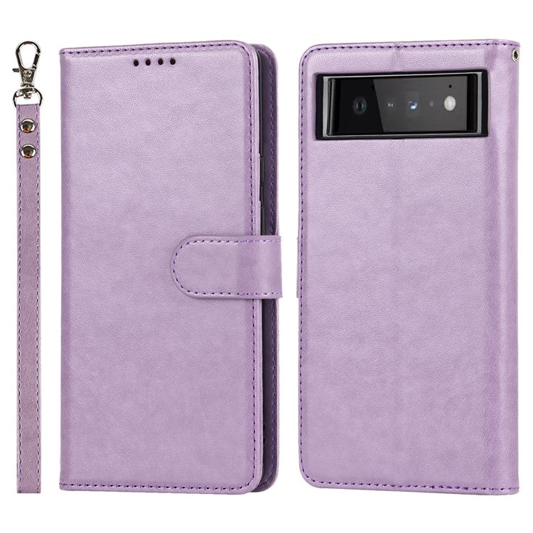 R61 Texture Felled Seam Shockproof Leather Case Wallet Stand Flip Phone Cover with Strap for Google Pixel 6 - Purple