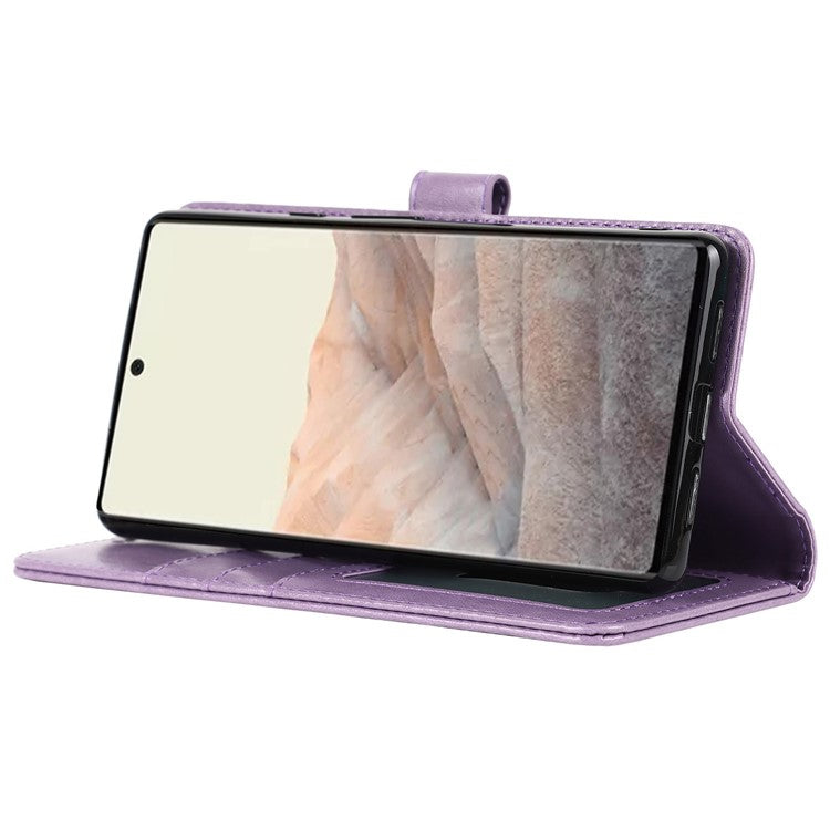 R61 Texture Felled Seam Shockproof Leather Case Wallet Stand Flip Phone Cover with Strap for Google Pixel 6 - Purple