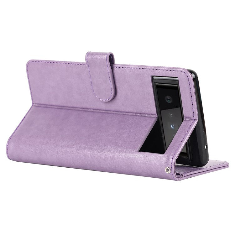 R61 Texture Felled Seam Shockproof Leather Case Wallet Stand Flip Phone Cover with Strap for Google Pixel 6 - Purple