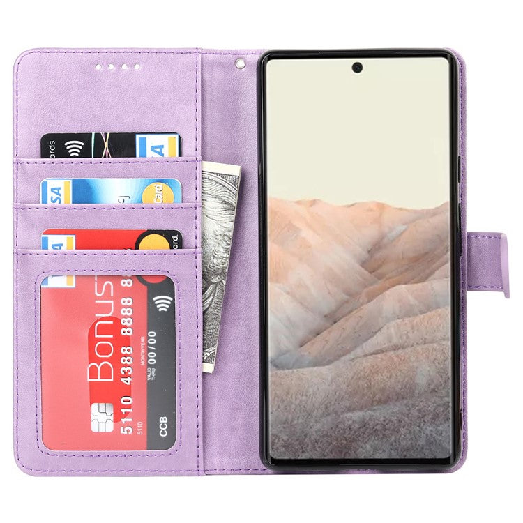 R61 Texture Felled Seam Shockproof Leather Case Wallet Stand Flip Phone Cover with Strap for Google Pixel 6 - Purple