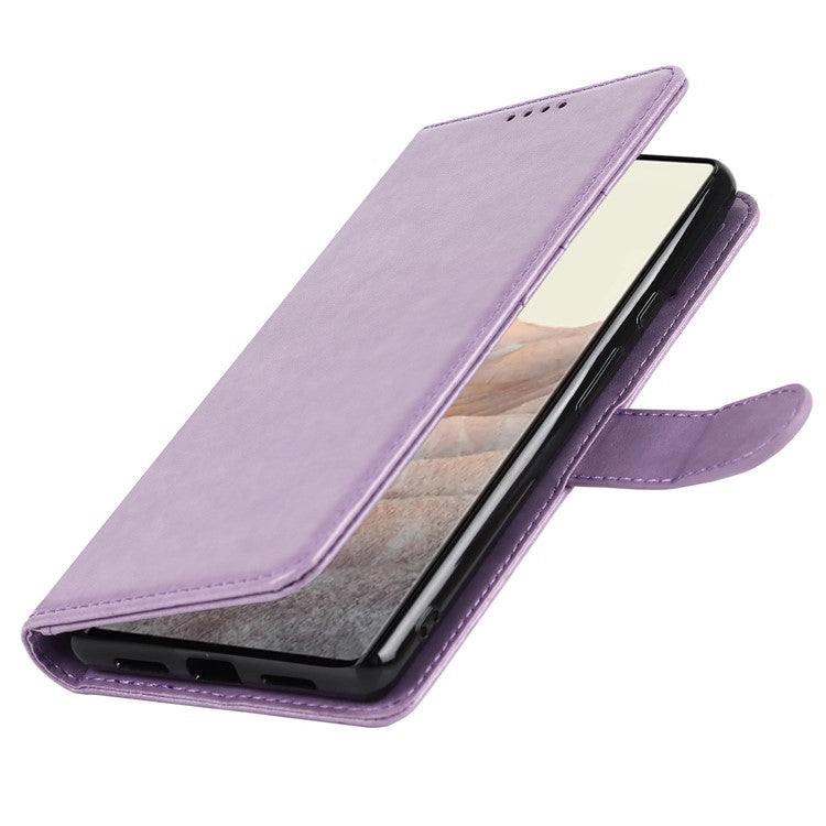 R61 Texture Felled Seam Shockproof Leather Case Wallet Stand Flip Phone Cover with Strap for Google Pixel 6 - Purple