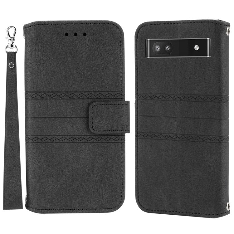 Scratch-resistant PU Leather Imprinted Pattern Wallet Case Stand Magnetic Flip Cover with Wrist Strap for Google Pixel 6a - Black