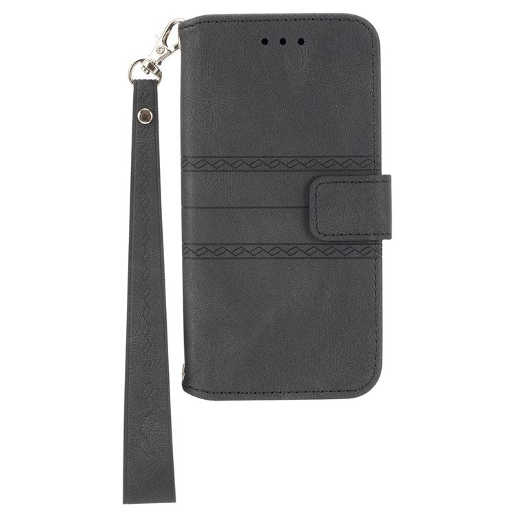 Scratch-resistant PU Leather Imprinted Pattern Wallet Case Stand Magnetic Flip Cover with Wrist Strap for Google Pixel 6a - Black