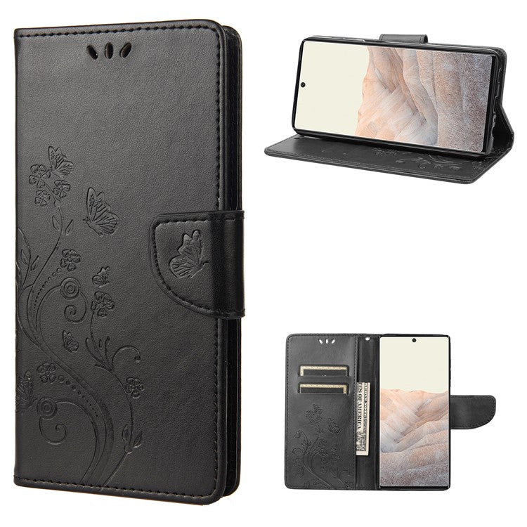 Stylish Imprint Butterflies Leather Phone Case Practical Wallet Stand Covering for Google Pixel 6a - Black