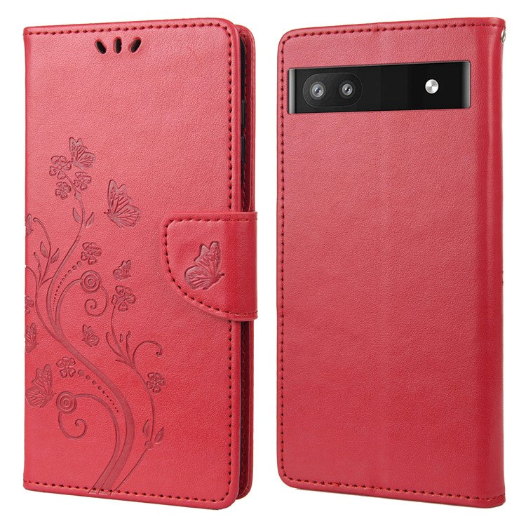 Stylish Imprint Butterflies Leather Phone Case Practical Wallet Stand Covering for Google Pixel 6a - Red