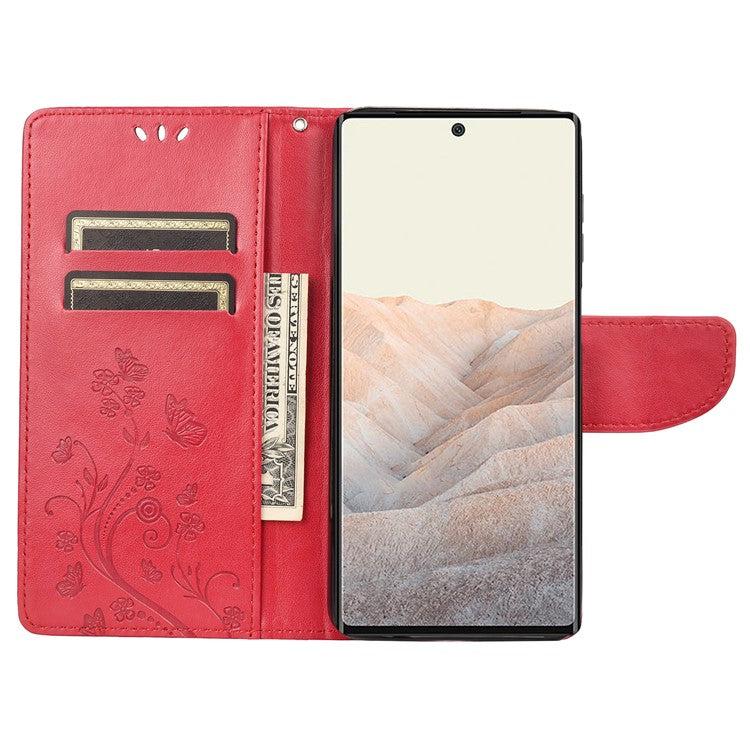 Stylish Imprint Butterflies Leather Phone Case Practical Wallet Stand Covering for Google Pixel 6a - Red