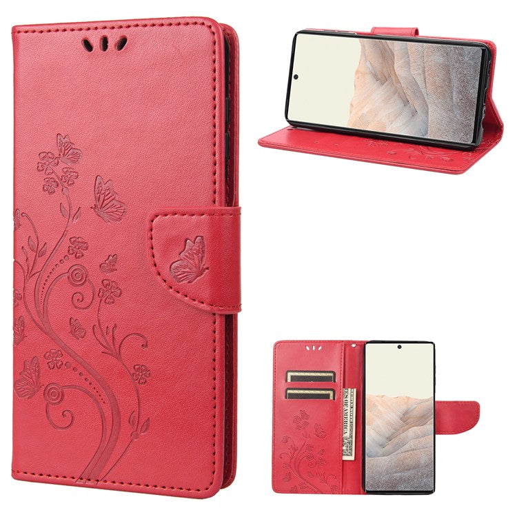 Stylish Imprint Butterflies Leather Phone Case Practical Wallet Stand Covering for Google Pixel 6a - Red