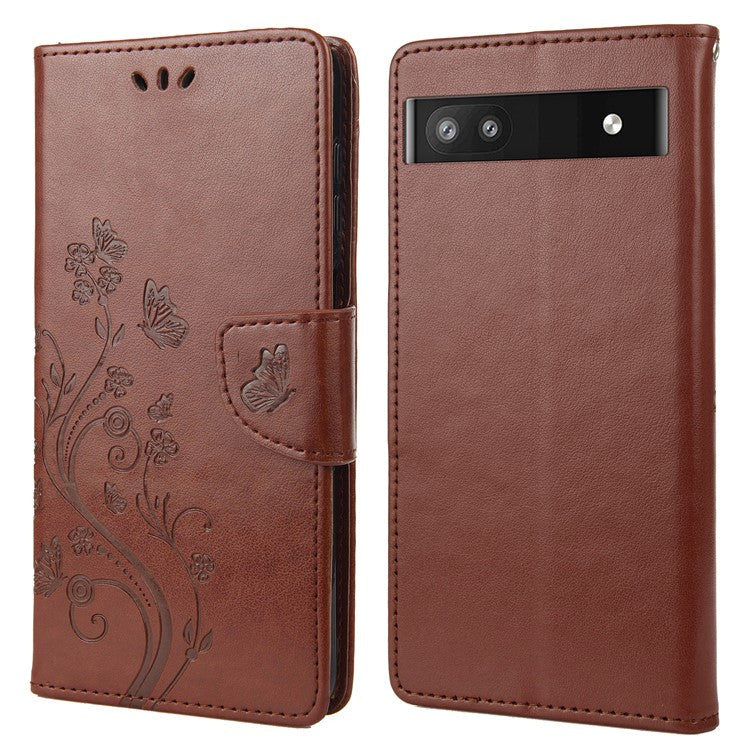 Stylish Imprint Butterflies Leather Phone Case Practical Wallet Stand Covering for Google Pixel 6a - Brown