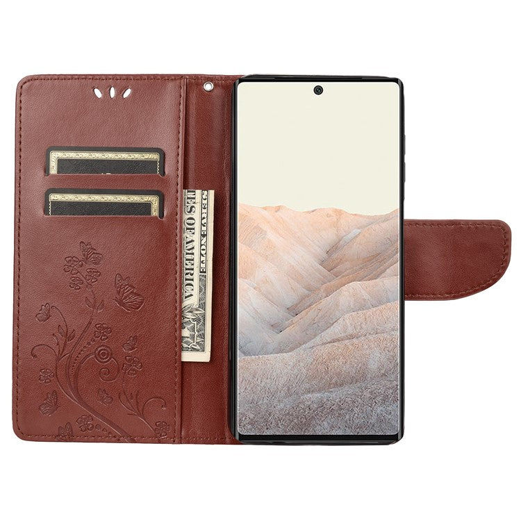 Stylish Imprint Butterflies Leather Phone Case Practical Wallet Stand Covering for Google Pixel 6a - Brown