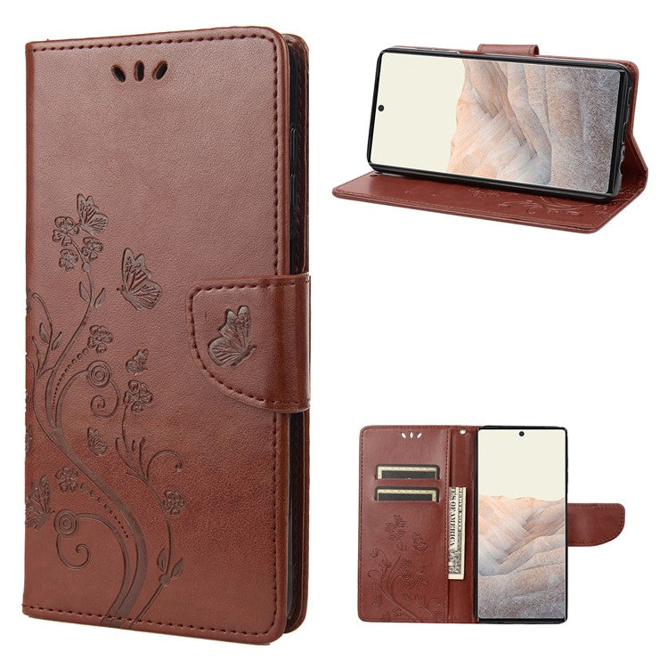 Stylish Imprint Butterflies Leather Phone Case Practical Wallet Stand Covering for Google Pixel 6a - Brown