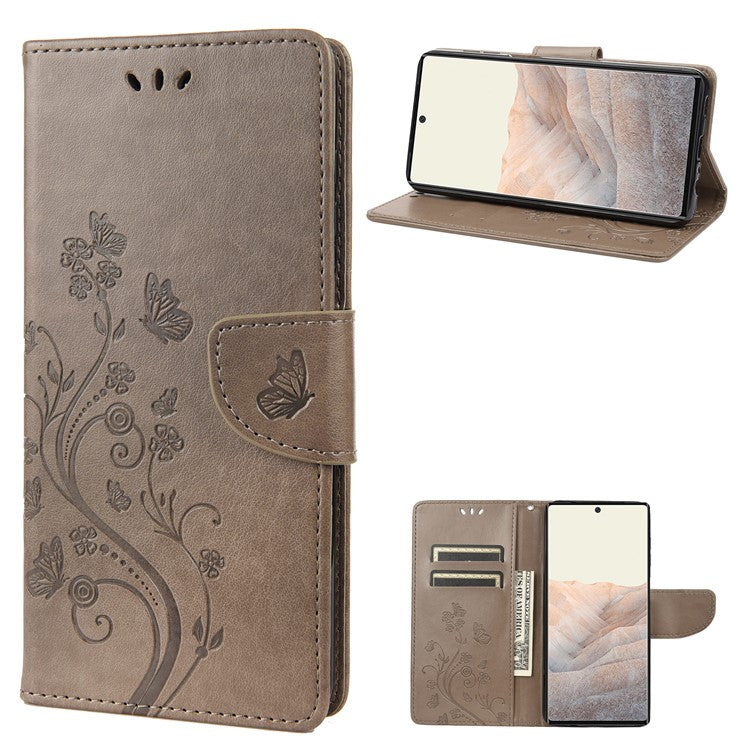 Stylish Imprint Butterflies Leather Phone Case Practical Wallet Stand Covering for Google Pixel 6a - Grey