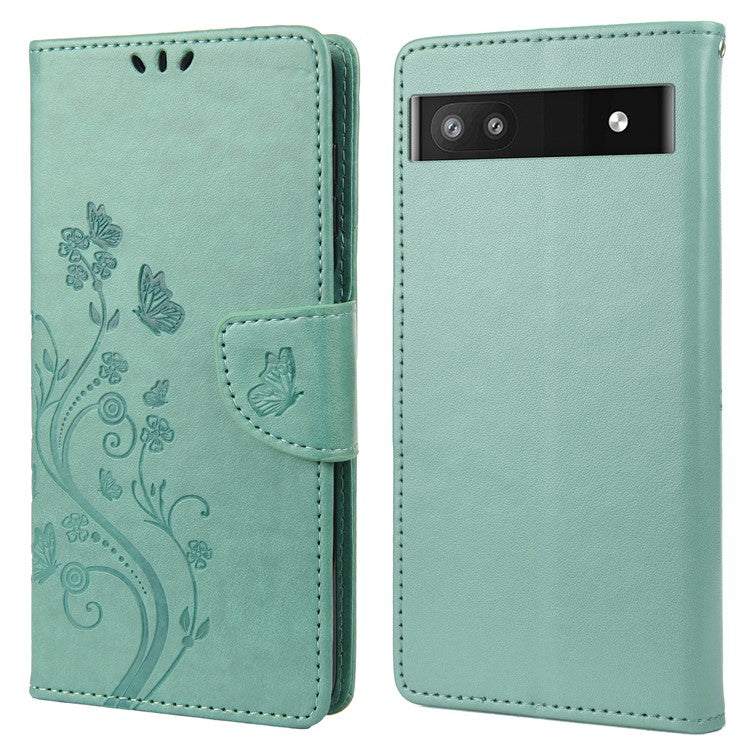 Stylish Imprint Butterflies Leather Phone Case Practical Wallet Stand Covering for Google Pixel 6a - Green