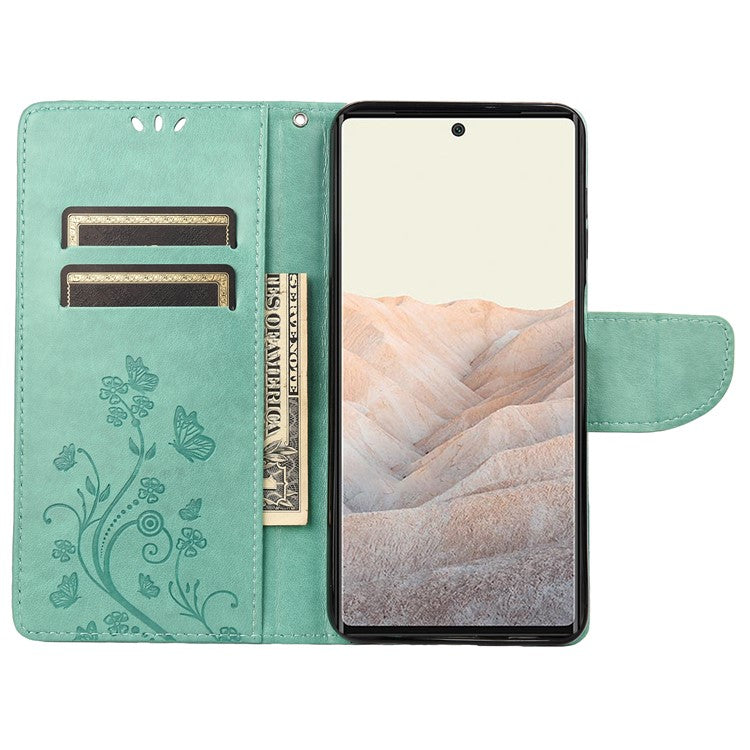 Stylish Imprint Butterflies Leather Phone Case Practical Wallet Stand Covering for Google Pixel 6a - Green