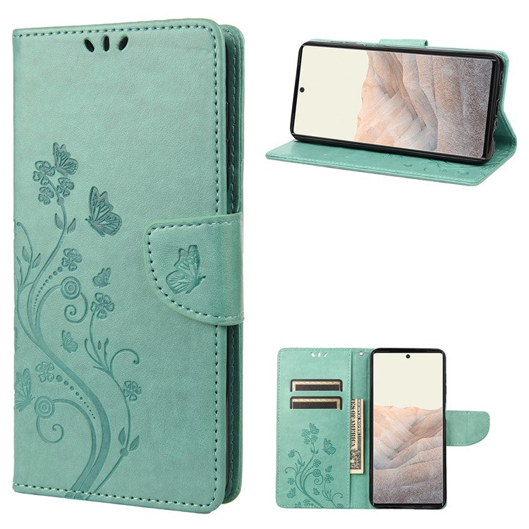 Stylish Imprint Butterflies Leather Phone Case Practical Wallet Stand Covering for Google Pixel 6a - Green