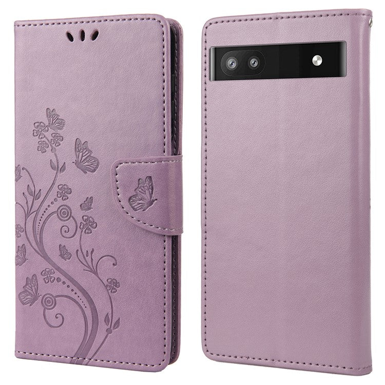 Stylish Imprint Butterflies Leather Phone Case Practical Wallet Stand Covering for Google Pixel 6a - Light Purple