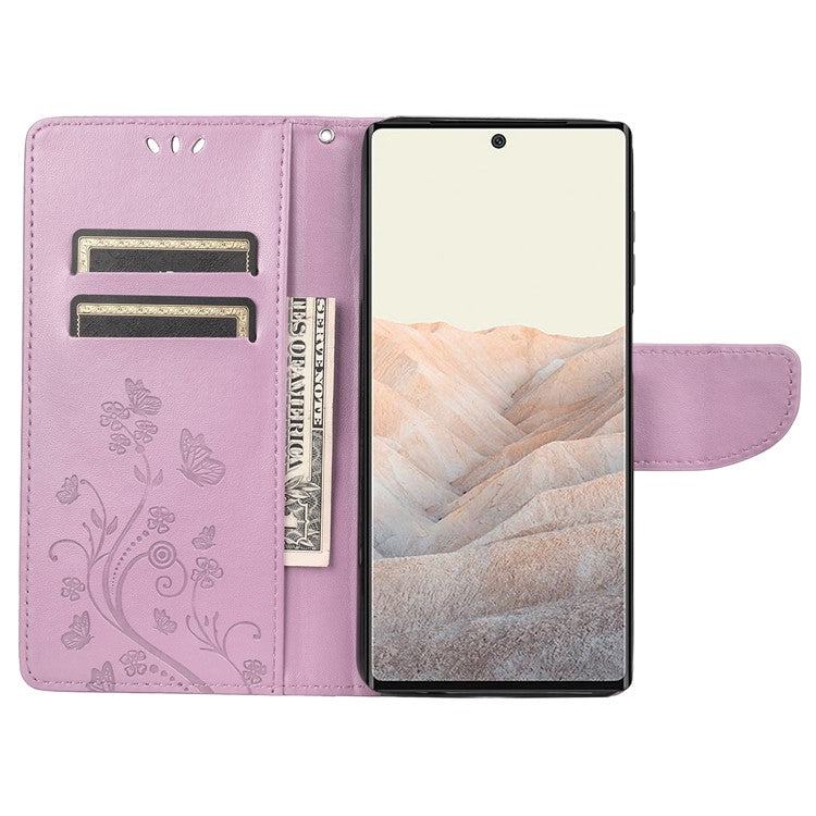 Stylish Imprint Butterflies Leather Phone Case Practical Wallet Stand Covering for Google Pixel 6a - Light Purple